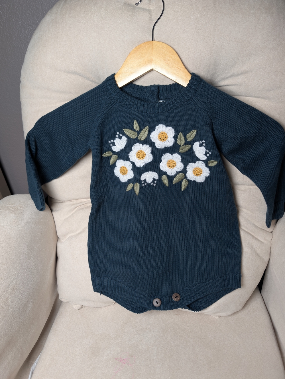 Navy Blue Knit Baby Romper with Floral Embroidery